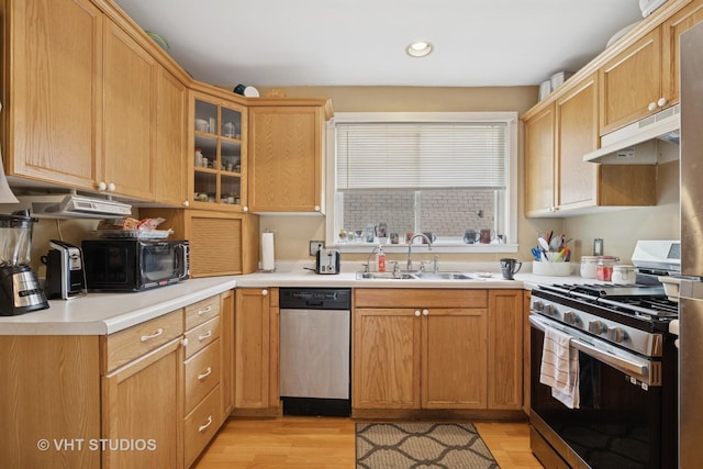 415 W N Blvd, Mchenry, IL 60051 - kitchen with appliances with stainless steel finishes, under cabinet range hood, light wood finished floors, glass insert cabinets, and recessed lighting
