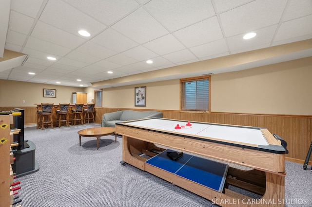 26W568 Lindsey Ave, Winfield, IL 60190 - recreation room featuring carpet, bar, wainscoting, wood walls, and a drop ceiling