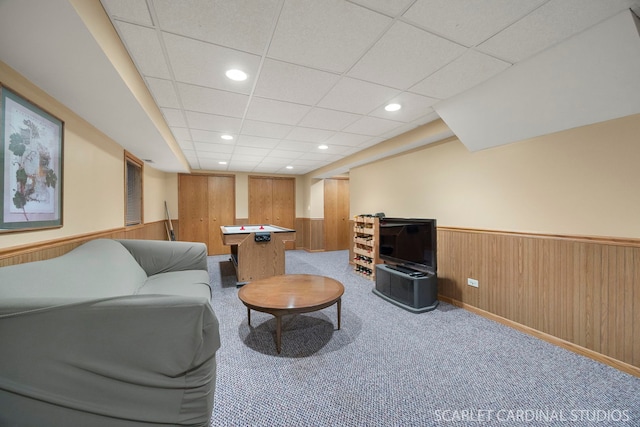 26W568 Lindsey Ave, Winfield, IL 60190 - living area featuring wainscoting, recessed lighting, a paneled ceiling, light colored carpet, and wooden walls