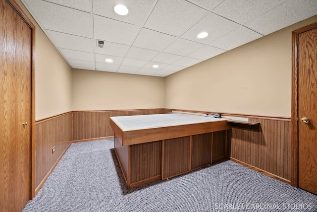 26W568 Lindsey Ave, Winfield, IL 60190 - unfurnished office featuring a wainscoted wall, a paneled ceiling, carpet floors, wooden walls, and recessed lighting