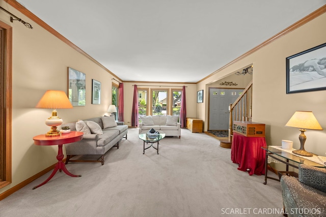 26W568 Lindsey Ave, Winfield, IL 60190 - carpeted living room featuring crown molding, baseboards, and stairs