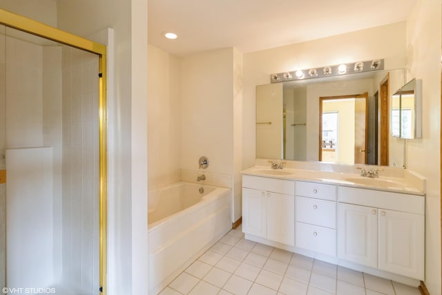 1292 Georgetown Way Unit 1292, Vernon Hills, IL 60061 - bathroom with a bath, double vanity, tile patterned floors, and a shower with door