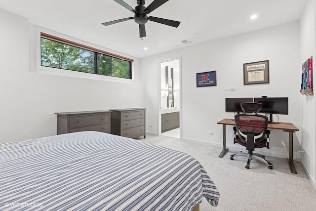 2633 N Emmett St Unit 1F, Chicago, IL 60647 - bedroom with carpet, baseboards, an office area, connected bathroom, and recessed lighting