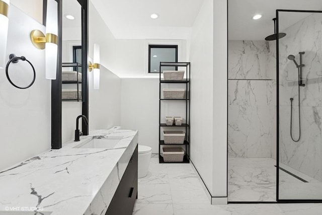 2633 N Emmett St Unit 1F, Chicago, IL 60647 - bathroom featuring marble finish flooring, vanity, recessed lighting, a marble finish shower, and toilet