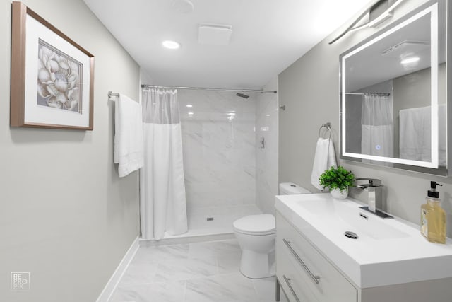 1166 S Highland Ave, Arlington Heights, IL 60005 - full bath with marble look tiles, vanity, toilet, a shower with shower curtain, and recessed lighting