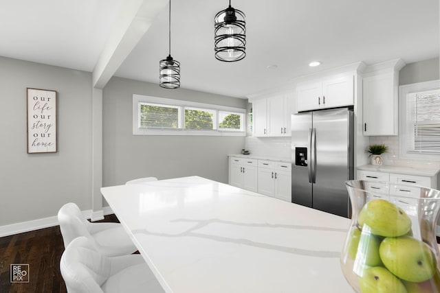 1166 S Highland Ave, Arlington Heights, IL 60005 - kitchen featuring stainless steel fridge, decorative backsplash, white cabinetry, and recessed lighting