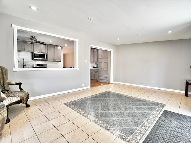 9113 Elm Cir, Hickory Hills, IL 60457 - unfurnished living room featuring tile patterned floors, recessed lighting, a ceiling fan, and baseboards