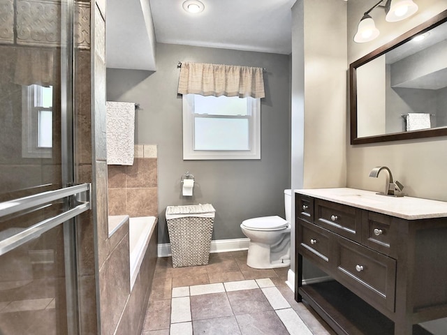 9113 Elm Cir, Hickory Hills, IL 60457 - bathroom with toilet, vanity, a garden tub, a stall shower, and tile patterned flooring