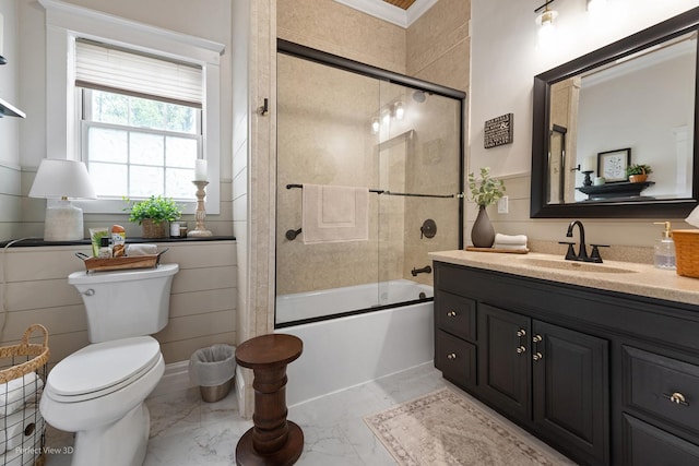 17918 Ridgewood Ave, Lansing, IL 60438 - bathroom featuring toilet, vanity, marble look tiles, and bath / shower combo with glass door
