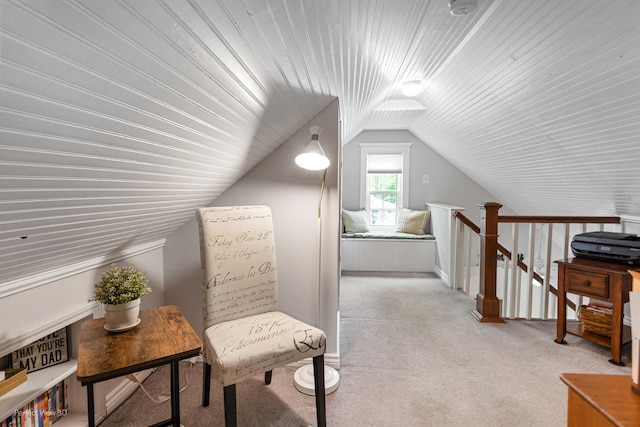17918 Ridgewood Ave, Lansing, IL 60438 - sitting room with carpet floors, lofted ceiling, an upstairs landing, wooden ceiling, and baseboards