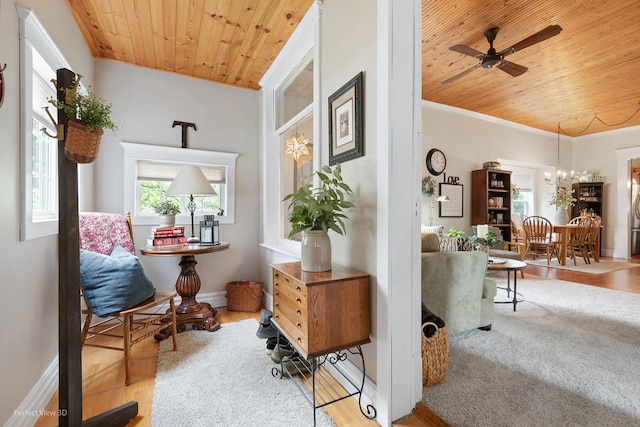 17918 Ridgewood Ave, Lansing, IL 60438 - hallway with wooden ceiling, wood finished floors, crown molding, baseboards, and a chandelier