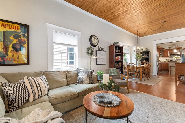 17918 Ridgewood Ave, Lansing, IL 60438 - living area with wooden ceiling, a chandelier, light wood-style floors, and crown molding