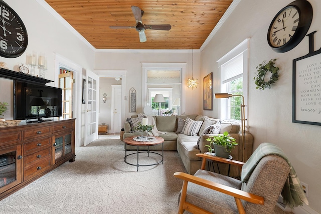 17918 Ridgewood Ave, Lansing, IL 60438 - carpeted living area featuring wooden ceiling, ornamental molding, a ceiling fan, and french doors