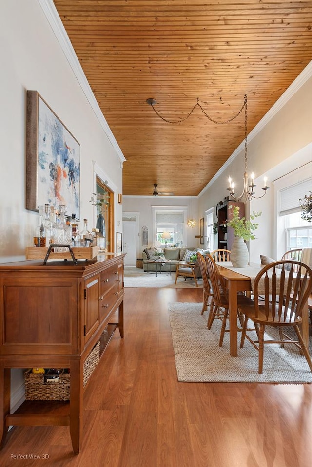 17918 Ridgewood Ave, Lansing, IL 60438 - dining space with crown molding, wooden ceiling, a chandelier, and light wood-type flooring