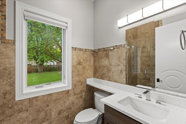 3 Crestview Ter, Buffalo Grove, IL 60089 - full bathroom featuring tile walls, vanity, toilet, a stall shower, and a wainscoted wall