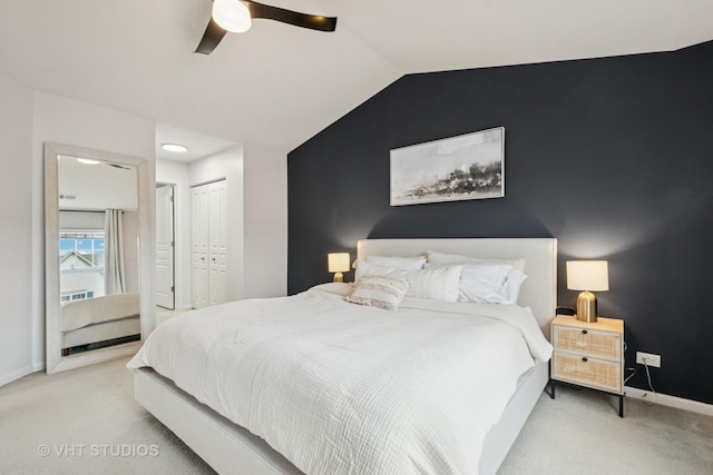 1263 Evergreen Ave, Des Plaines, IL 60016 - bedroom featuring carpet, baseboards, vaulted ceiling, ceiling fan, and a closet