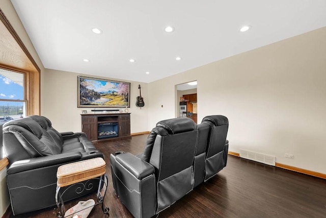 11400 S Ridgeland Ave, Worth, IL 60482 - home theater room with dark wood-style floors, recessed lighting, baseboards, and a glass covered fireplace