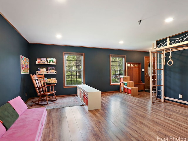 5501 Abbey Dr, Mchenry, IL 60050 - living area featuring healthy amount of natural light, baseboards, wood finished floors, crown molding, and recessed lighting