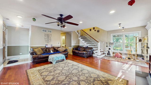 8N594 S Mclean Blvd, South Elgin, IL 60177 - living area featuring a ceiling fan, wood finished floors, stairway, and recessed lighting