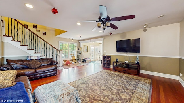 8N594 S Mclean Blvd, South Elgin, IL 60177 - living area with a ceiling fan, stairway, wood finished floors, and recessed lighting
