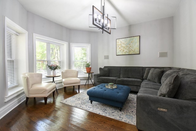 4419 N Racine Ave Unit 1N, Chicago, IL 60640 - living area featuring dark wood-style flooring, a chandelier, and baseboards
