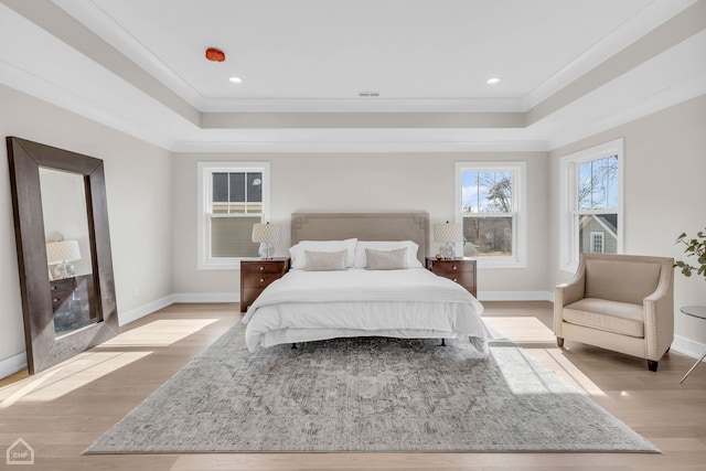 4920 Stonewall Ave, Downers Grove, IL 60515 - bedroom with a tray ceiling, ornamental molding, light wood-style flooring, baseboards, and recessed lighting