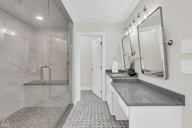 4920 Stonewall Ave, Downers Grove, IL 60515 - bathroom with a shower stall, vanity, baseboards, and recessed lighting