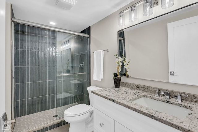 4920 Stonewall Ave, Downers Grove, IL 60515 - full bathroom with vanity, a stall shower, toilet, and recessed lighting