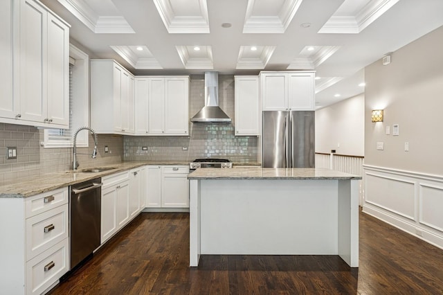 2004 W Erie St Unit 1W, Chicago, IL 60612 - kitchen featuring stainless steel appliances, wall chimney exhaust hood, a sink, ornamental molding, and a center island