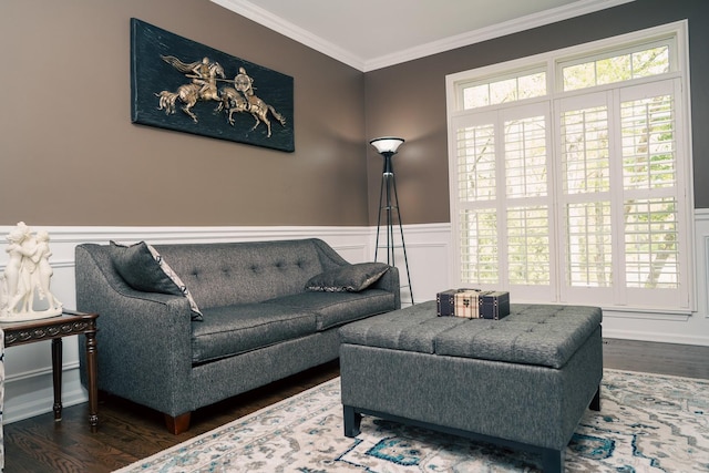 406 Elderberry Ln, Streamwood, IL 60107 - living room with crown molding, wood finished floors, wainscoting, and a decorative wall