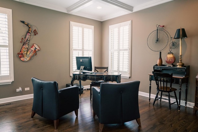 406 Elderberry Ln, Streamwood, IL 60107 - office space with beam ceiling, wood finished floors, baseboards, crown molding, and coffered ceiling