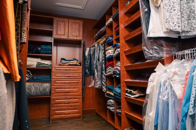 406 Elderberry Ln, Streamwood, IL 60107 - walk in closet with dark wood-style flooring and attic access