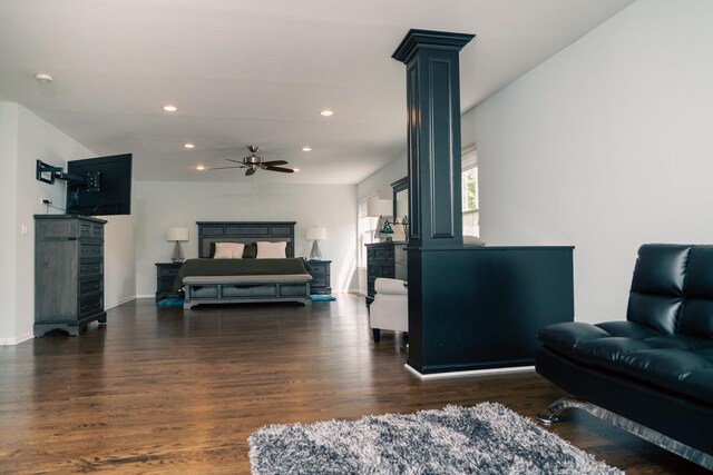 406 Elderberry Ln, Streamwood, IL 60107 - living area with a ceiling fan, dark wood-style floors, recessed lighting, baseboards, and decorative columns