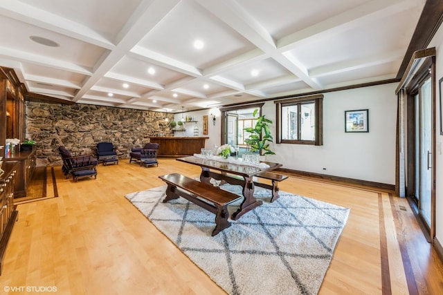 37782 N Cedar Lake Rd, Lake Villa, IL 60046 - living area with wood finished floors, beam ceiling, coffered ceiling, and recessed lighting