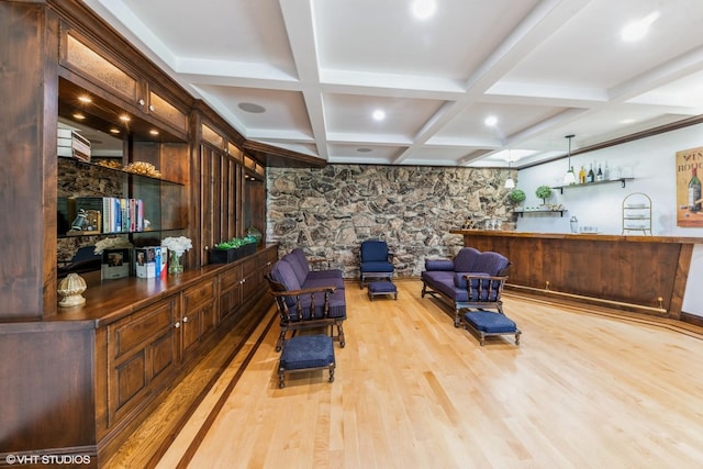 37782 N Cedar Lake Rd, Lake Villa, IL 60046 - living area with light wood finished floors, bar with sink, beamed ceiling, and coffered ceiling