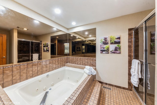 37782 N Cedar Lake Rd, Lake Villa, IL 60046 - bathroom with a jetted tub, a shower stall, recessed lighting, and tile patterned flooring
