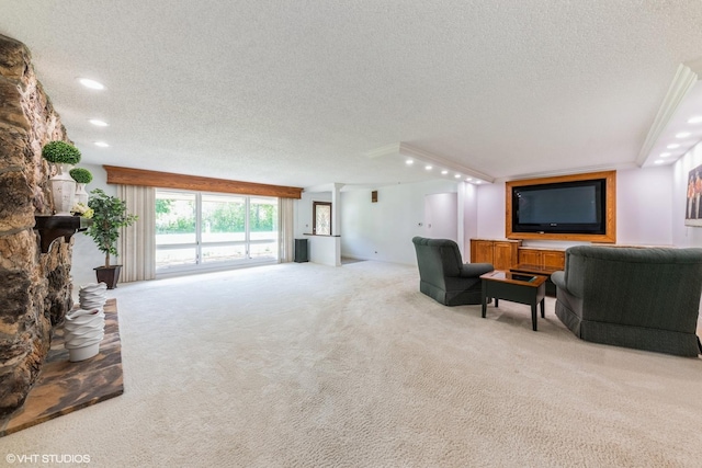37782 N Cedar Lake Rd, Lake Villa, IL 60046 - living room with a textured ceiling, carpet floors, recessed lighting, and a fireplace