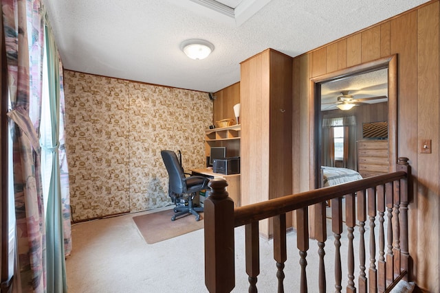 30W311 W Bartlett Rd, Bartlett, IL 60103 - office space featuring a textured ceiling, carpet, wallpapered walls, wood walls, and baseboards