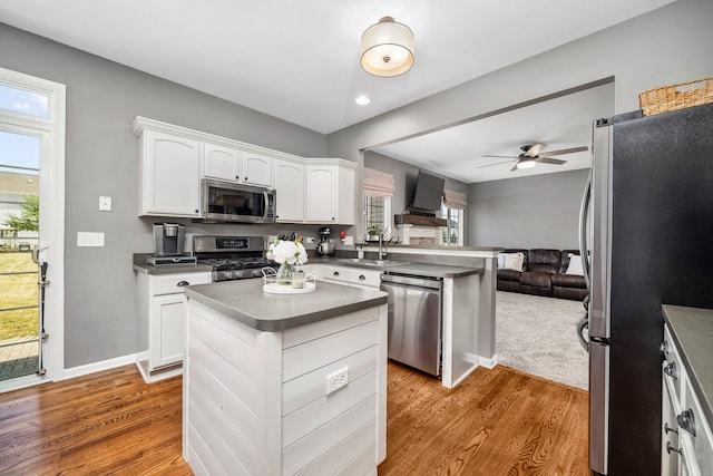 1014 Bayside Ln, Shorewood, IL 60404 - kitchen featuring stainless steel appliances, a sink, open floor plan, a peninsula, and ceiling fan