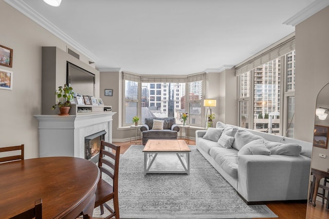 25 E Superior St Unit 903, Chicago, IL 60611 - living area with crown molding, wood finished floors, and a fireplace