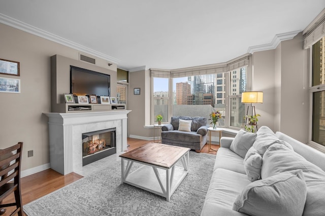 25 E Superior St Unit 903, Chicago, IL 60611 - living area featuring wood finished floors, ornamental molding, a tile fireplace, and baseboards