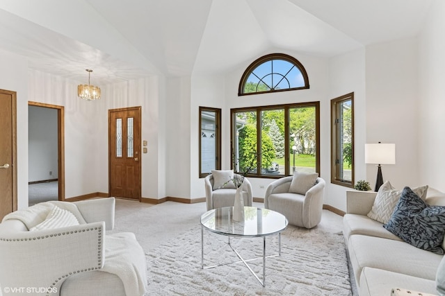 3 Lake Katherine Dr Unit 0, Palos Heights, IL 60463 - living room with a chandelier, baseboards, vaulted ceiling, and light colored carpet