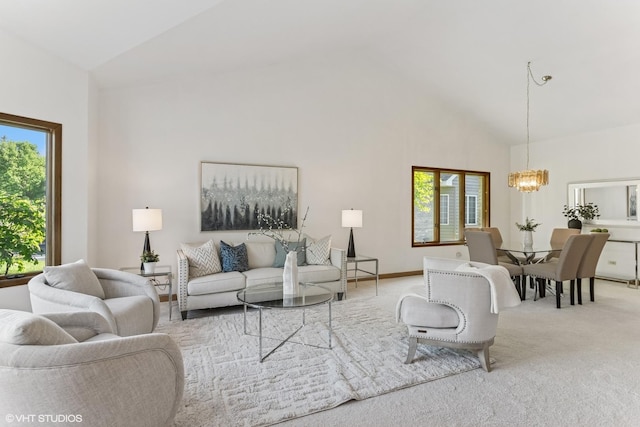 3 Lake Katherine Dr Unit 0, Palos Heights, IL 60463 - living area featuring high vaulted ceiling, a chandelier, plenty of natural light, light carpet, and baseboards