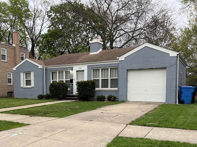 7087 N Mcalpin Ave, Chicago, IL 60646 - single story home with a front yard, brick siding, concrete driveway, an attached garage, and a chimney