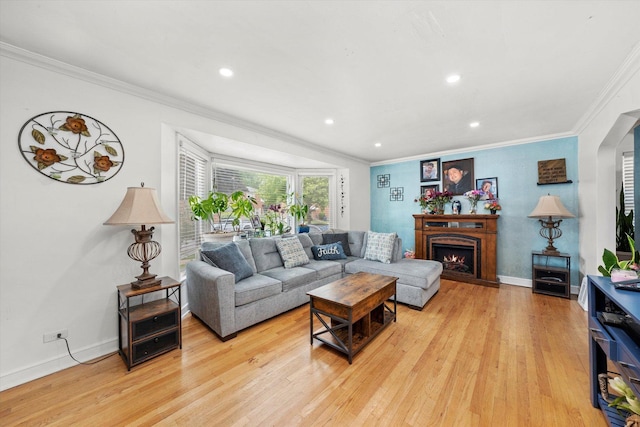 9141 S Albany Ave S, Evergreen Park, IL 60805 - living room with ornamental molding, light wood finished floors, recessed lighting, a lit fireplace, and baseboards
