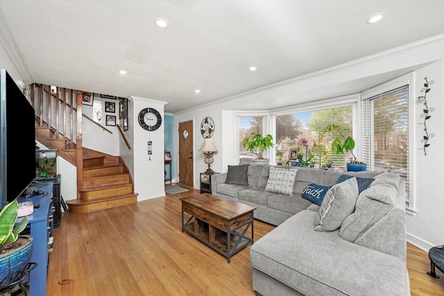 9141 S Albany Ave S, Evergreen Park, IL 60805 - living area featuring crown molding, light wood-style flooring, recessed lighting, stairway, and baseboards