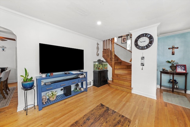 9141 S Albany Ave S, Evergreen Park, IL 60805 - living area with crown molding, stairway, light wood-style flooring, baseboards, and recessed lighting