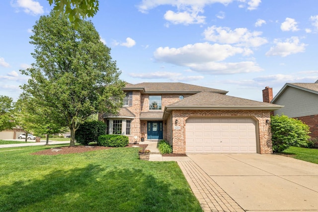 1215 Pendleton Dr, Lemont, IL 60439 - traditional home featuring an attached garage, driveway, a front lawn, and brick siding