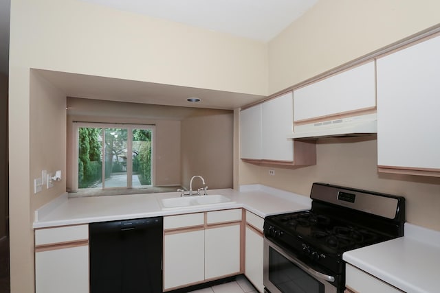 1379 Grandview Ct, Algonquin, IL 60102 - kitchen with black dishwasher, stainless steel range with gas cooktop, under cabinet range hood, a sink, and white cabinetry