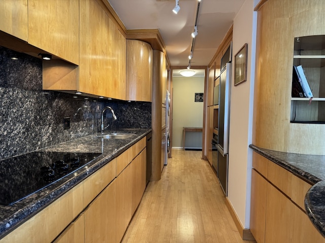 155 N Harbor Dr Unit 1103, Chicago, IL 60601 - kitchen with a sink, track lighting, light wood-style flooring, black electric stovetop, and dark stone countertops